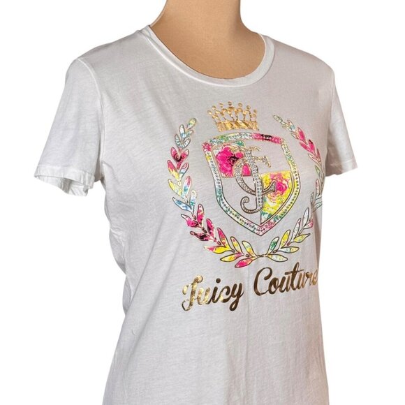Juicy Couture VTG Y2K Graphic Tee Sz. L White Rhinestones Short Sleeve Preppy - Picture 5 of 12